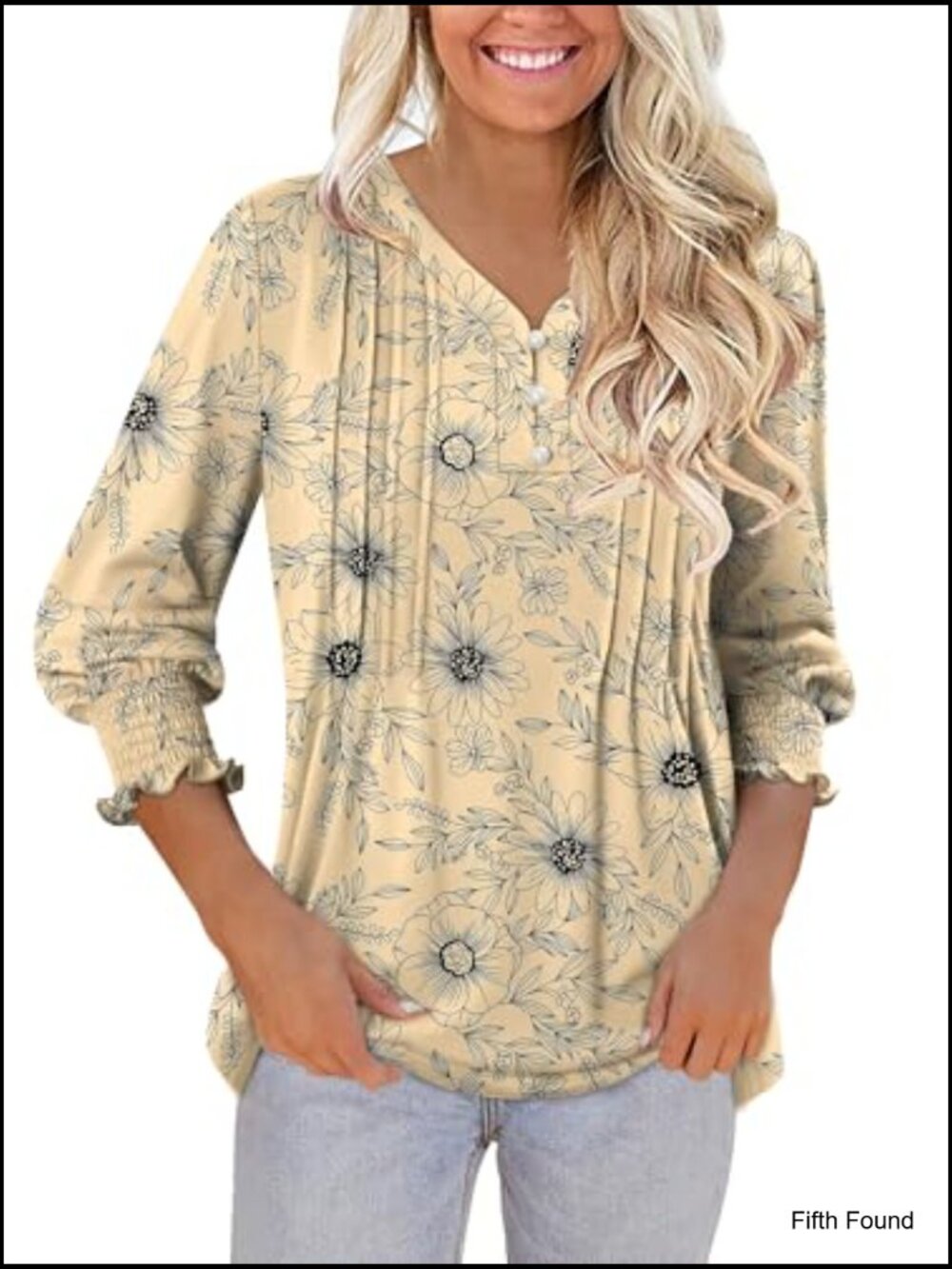 V-Neck Button Down Blouse with 3/4 Sleeve Puff Sleeves Tunic Tops for Work - Picture 3 of 6